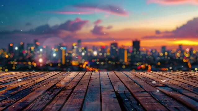 blurred beautiful city view at twilight scene with wooden table. seamless looping overlay 4k virtual video animation background