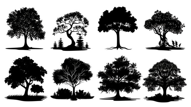set of trees silhouettes on white