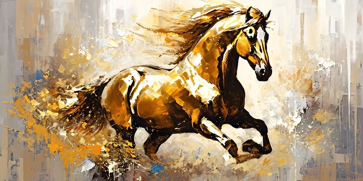 Firefly Art painting, dark blue background, gold horse, run on water, wall art, modern artwork