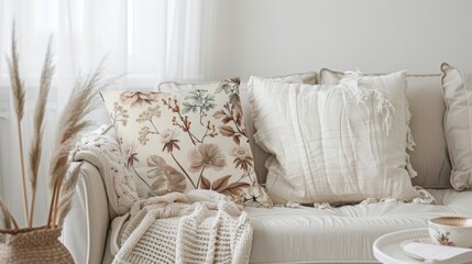Blank mockup of a vintageinspired textile with a romantic floral print in muted tones adding a touch of nostalgia to a cozy reading corner. - obrazy, fototapety, plakaty