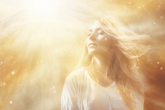 a woman draped in a stunning gold dress, framed by a backdrop of luminous golden light flares.