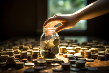 hand holds a glass jar with coins against the background of money on the table. concept of saving and increasing money