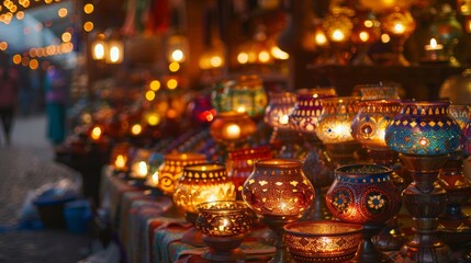 A sea of flickering candles and glowing markets creating a warm and inviting ambiance within the bazaar. The intricate designs and patterns of the candleholders add a touch - obrazy, fototapety, plakaty