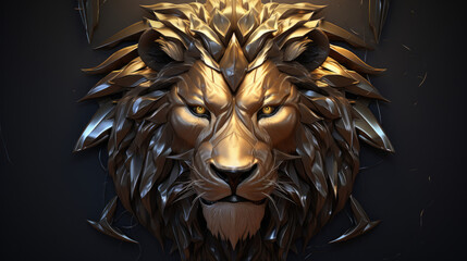 3d metallic golden lion king head face and shield, on black beautiful texture background. Beautiful 3D print design for interior, wall, wallpaper, canvas. Video game logo	
