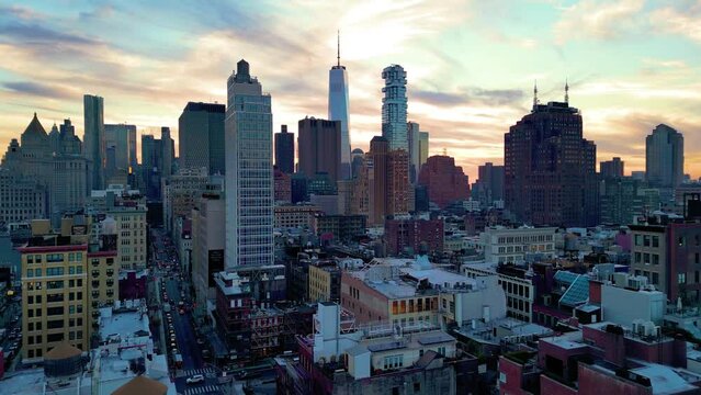 NYC Soho Sunset Aerial Rising Over Setting Sun, Aerial Panorama NYC Financial District
