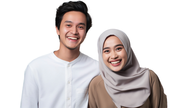 Portrait of happy smiling Asian couple, love and embrace in joyful happiness, isolated on transparent background
