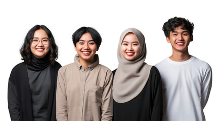Group of university student friends smiling together, happy friendship concept isolated on transparent background