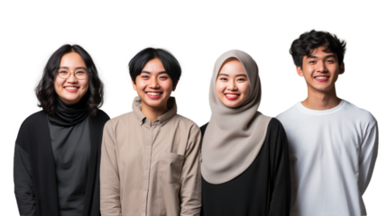Group of university student friends smiling together, happy friendship concept isolated on transparent background