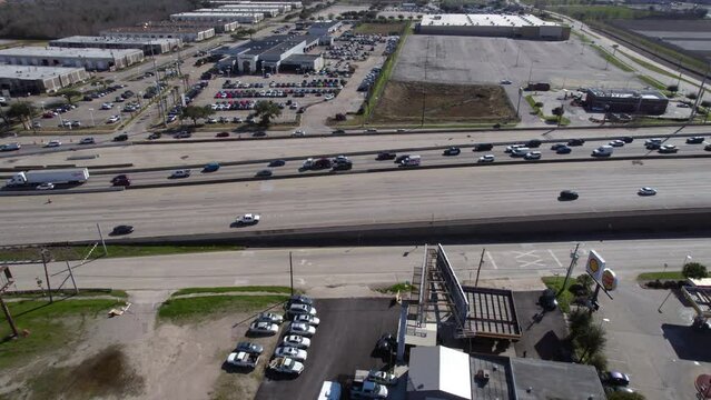 Drone Shot of Highway Traffic in South Houston, Texas USA on Sunny Evening