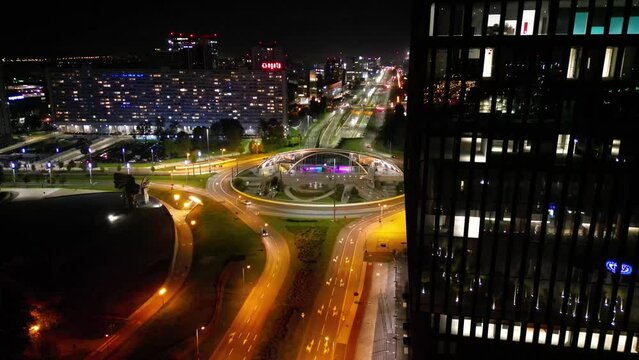 Aerial Viev of Night Cityscape with Illuminated Streets of Katowice City