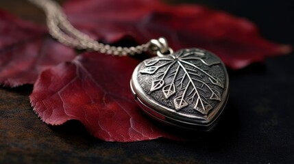Autumn a close up of a leaf its vibrant hues set against the backdrop of a beautifully engraved antique silver locket celebrating the beauty of sentiment and keepsakes - obrazy, fototapety, plakaty