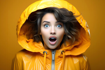 portrait of an emotionally surprised beautiful young woman in a yellow jacket.