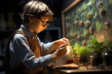happy schoolboy studying botany and doing school homework at the table. science and education