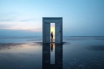 silhouette of a man in an open door in nature. the concept of going through a portal to another...