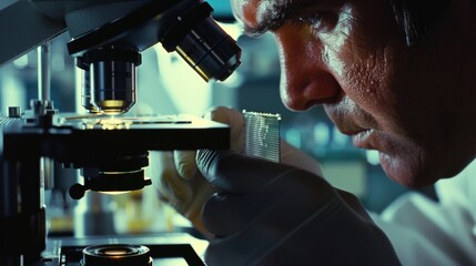 In a futuristic laboratory a scientist peers through a microscope at a tiny wafer researching ways to maximize its potential for power . AI generation.