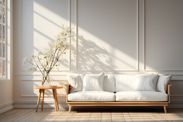 sunlit room with sofa and large growing flower. indoor modern interior