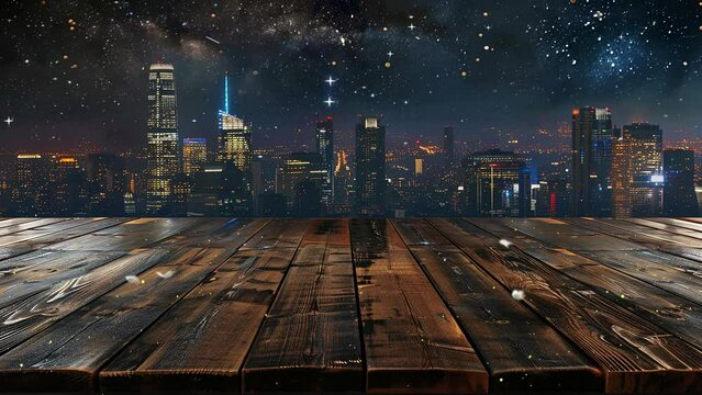 wood table top on night city background. seamless looping overlay 4k virtual video animation background