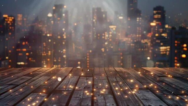 night blurred city background with wooden platform. lights of night city. seamless looping overlay 4k virtual video animation background