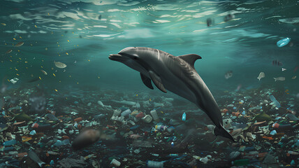 A dolphin is swimming in the ocean with trash floating around it. Concept of sadness and concern for the environment, as the dolphin is surrounded by plastic waste