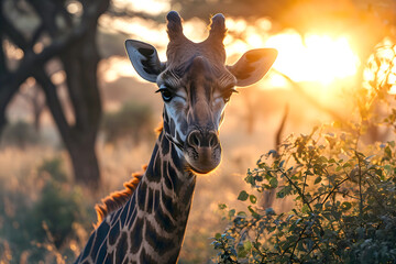 portrait of a giraffe in the African savanna in the sunlight. mammals and wildlife