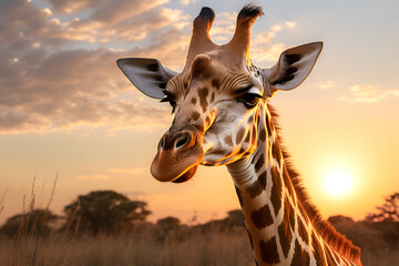 portrait of a giraffe in the African savanna in the sunlight. mammals and wildlife