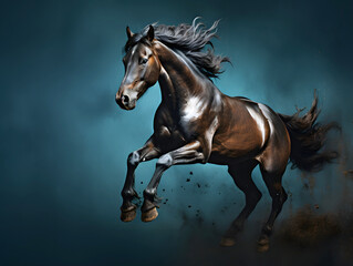 purebred muscular horse jumps on a dark background. mammal. biology and fauna.