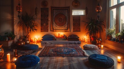 A colorful mandala tapestry hanging on a plain white wall its intricate patterns and symbols representing the intricate connection between the physical and spiritual realms. - obrazy, fototapety, plakaty