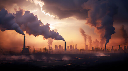 toxic smoke from the chimneys of industrial enterprises against the backdrop of sunset. harm and air pollution from oil refining and the metal industry. ecology and chemical smog - obrazy, fototapety, plakaty