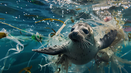 A baby seal is swimming in the ocean with a lot of plastic debris around it. The scene is sad and disturbing, as it shows the impact of human waste on marine life