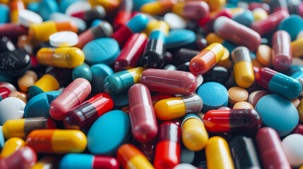 Close-up of assorted pharmaceutical capsules with selective focus, medical concept. Intricate molecular connections, biomedical theme