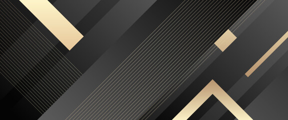 Black and gold minimal geometric shape abstract banner. For business banner, formal backdrop, prestigious voucher, luxe invite, wallpaper and background - obrazy, fototapety, plakaty
