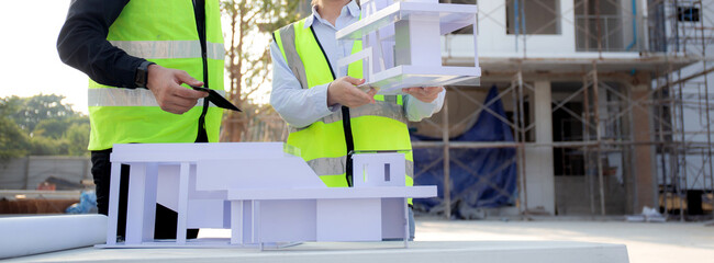Team architect and builder talking and holding model house at construction site, contractor and worker discussion and planning strategy about progress infrastructure of real estate, engineer concept.
