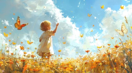 A girl watches flying butterflies in a blooming meadow.