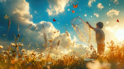 A boy with a big net catches beautiful butterflies.
