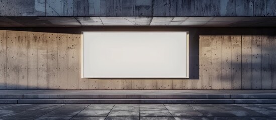 Mockup of a white outdoor advertising billboard on a concrete wall in a metal frame.