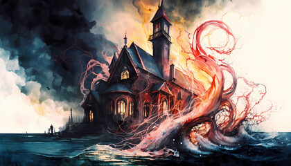 Church Being Overtaken By Tentacle Monster - obrazy, fototapety, plakaty