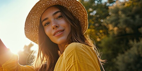 Portrait of happy smiling young woman wear summer hat on the beach - Powered by Adobe