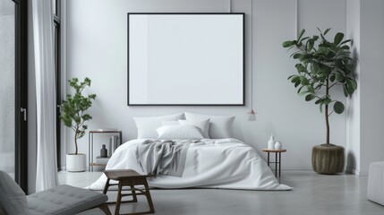 Empty picture frames simulate horizontal lines on the wall, on the head of the bed, interior design.