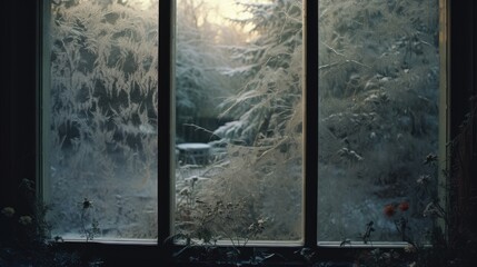 A frosted window with a view of a snowy landscape