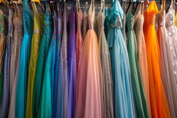 Colorful dresses on hangers in a store display