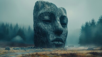 A mysterious foggy landscape with an ancient stone sculpture of a third eye emerging from the ground signifying the awakening of spiritual wisdom and insight. - obrazy, fototapety, plakaty