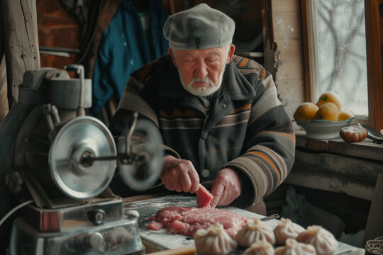 Elderly people cook meat dishes