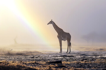 giraffe in the African savanna in the sunlight with a rainbow. mammals and wildlife