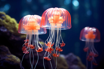 Orange jellyfish or Chrysaora fuscescens or Pacific sea. Underwater world - obrazy, fototapety, plakaty
