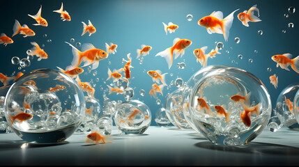 Goldfish jumping out of the water in a fishbowl. water world. fauna and biology. concept of achieving goal and freedom
