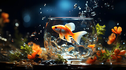 Goldfish swimming in water. water world. fauna and biology. concept of achieving goal and freedom