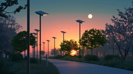 A birds eye view of a parks walking path lined with solarpowered street lights that automatically turn on as the sun sets. . AI generation.