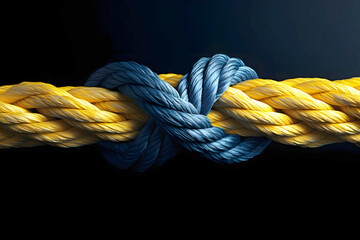 blue and yellow ropes on black background. colored twisted rope made of durable material close-up. nautical rope