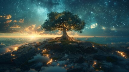 A tree with its roots planted firmly in the ground but its branches reaching towards the endless expanse of the night sky symbolizing a spiritual connection to the cosmic