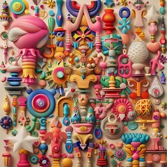 Fototapeta na wymiar An intricate collage of joyful symbols and motifs, capturing the essence of ecstasy , 3D render